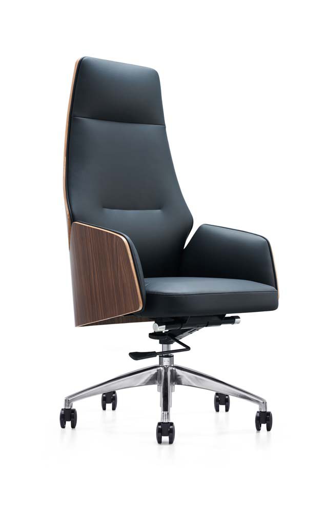 High-Back Leather Executive Office Chair with Bentwood Shell and Chrome Five-Star Base