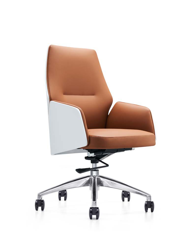 Tan Leather-Look Swivel Executive Office Chair with White Shell