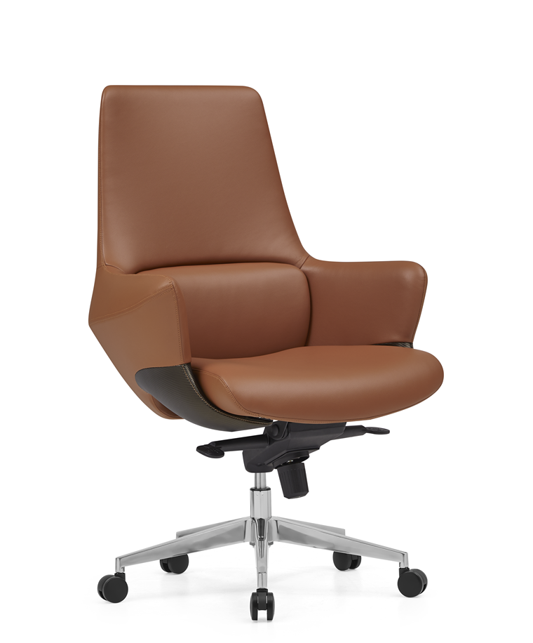 Executive Swivel Chair with Brown Upholstery and Polished Aluminum Base