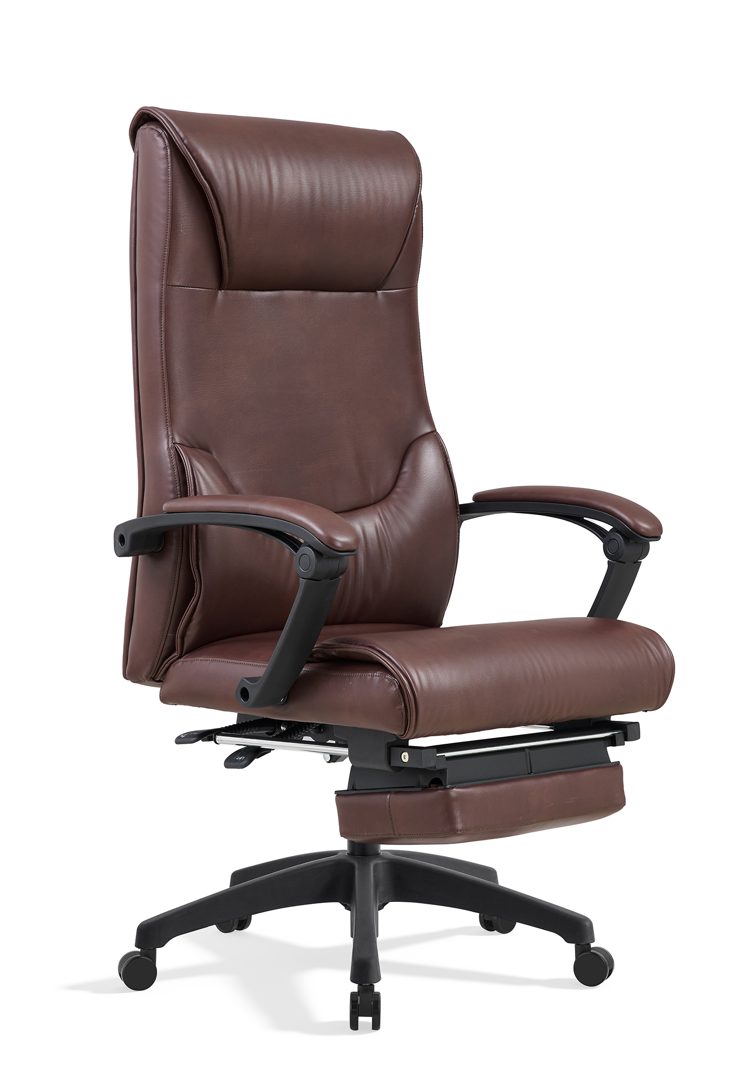 High-Back Brown Leather Reclining Executive Chair with Retractable Footrest
