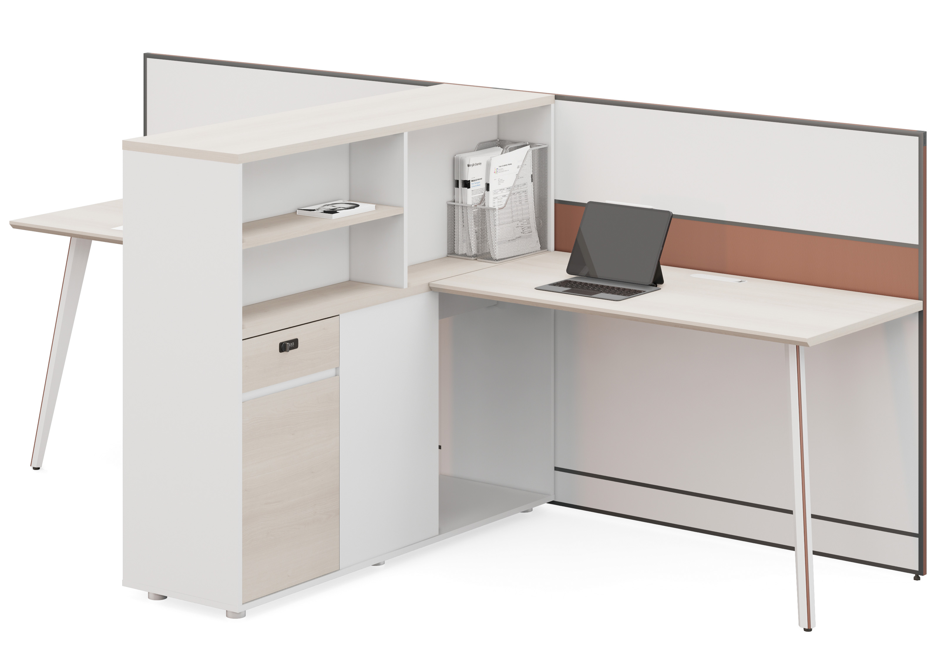 Two-Person Panel Workstation with Central Storage Hutch and Side Return Desks