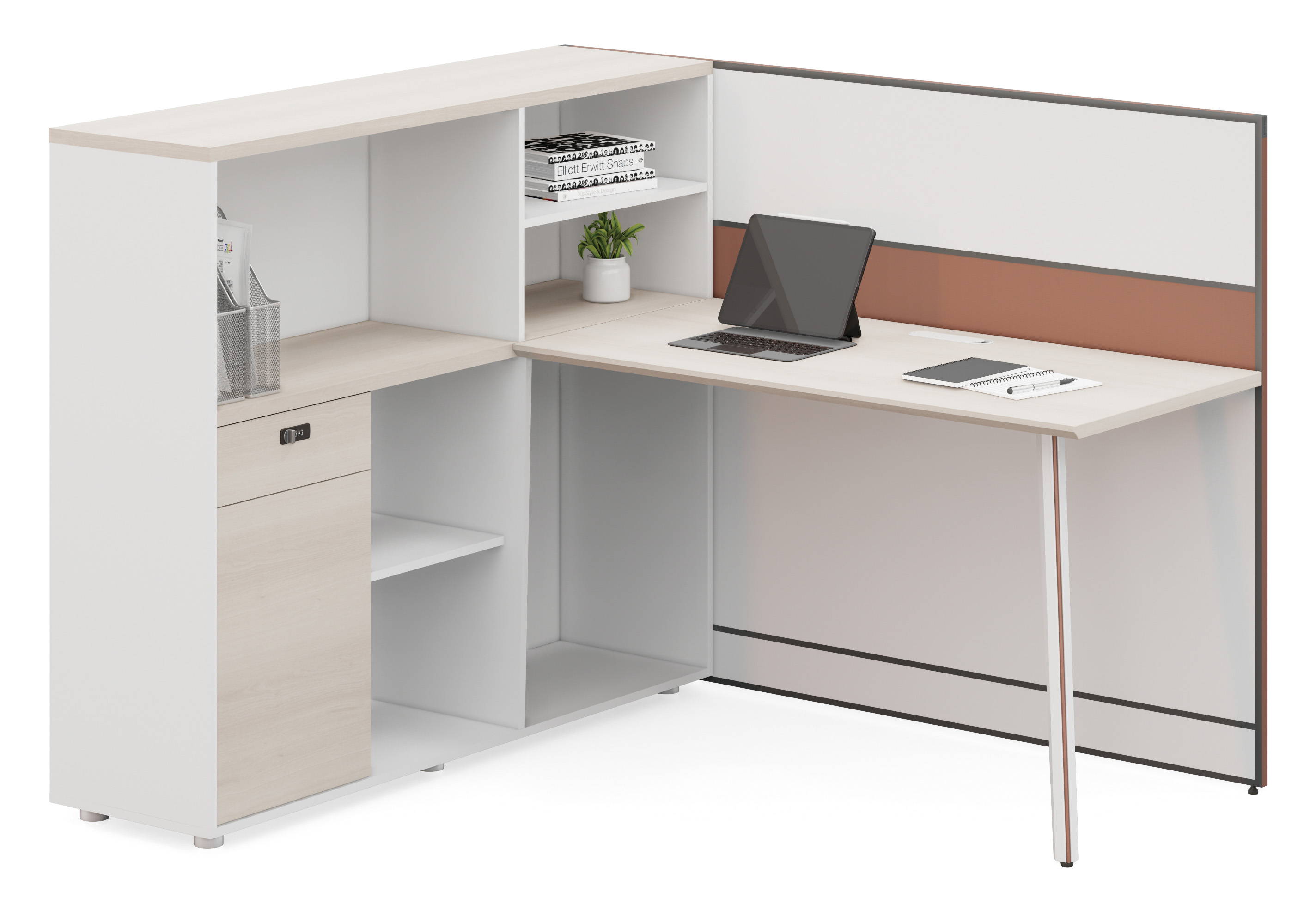 L-Shaped Office Workstation with Integrated Storage Hutch