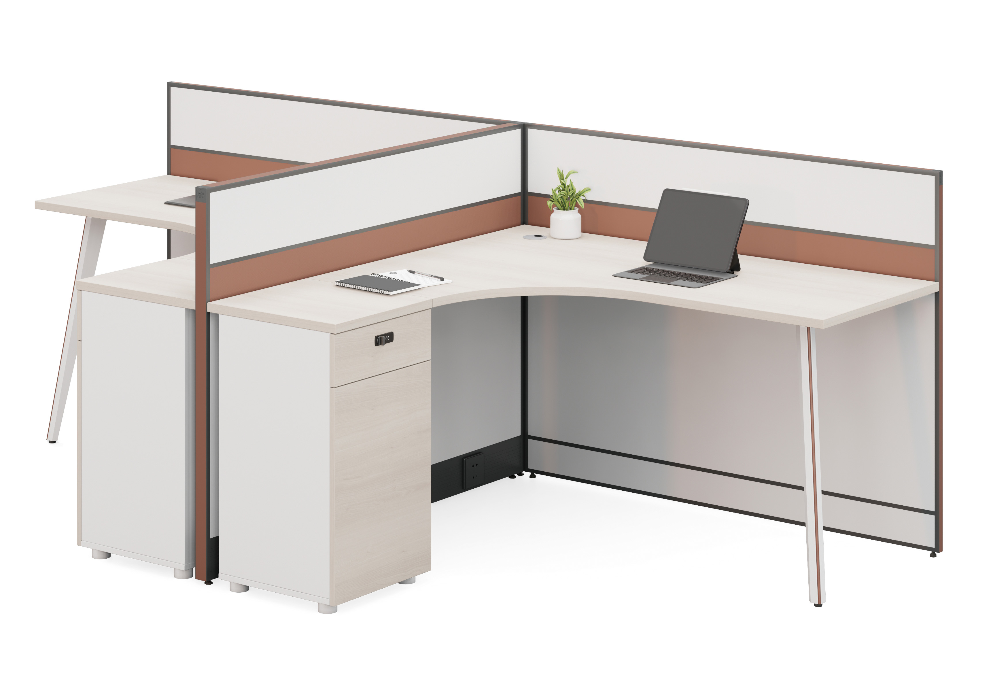 Two-Person L-Shaped Panel-Based Workstation with Curved Corner Desks and Pedestals