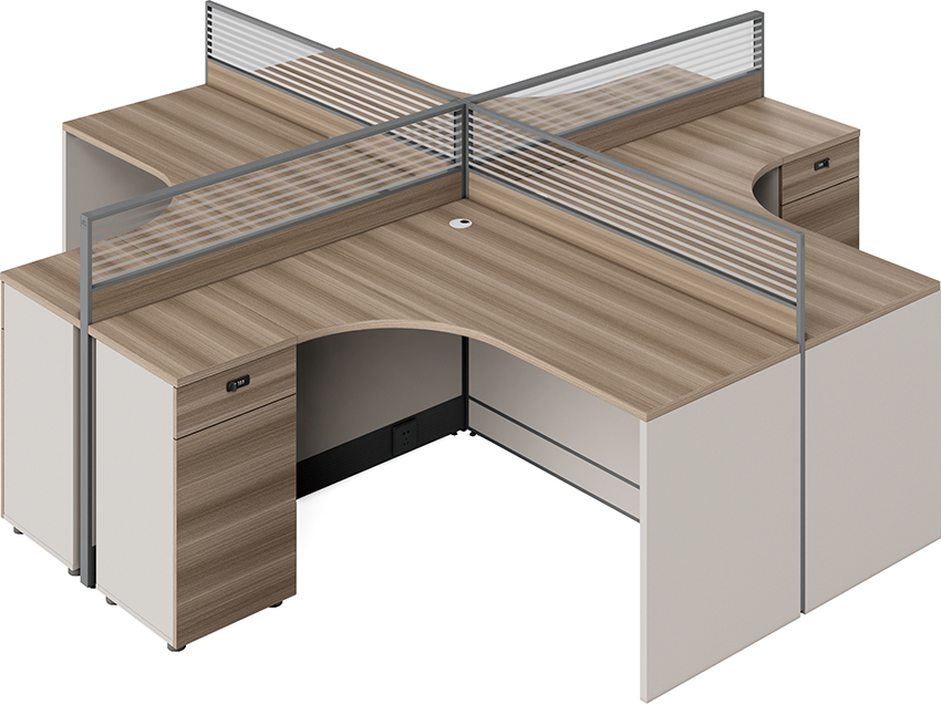 Four-Person Cross-Shaped Panel Workstation with Integrated Pedestals and Divider Screens