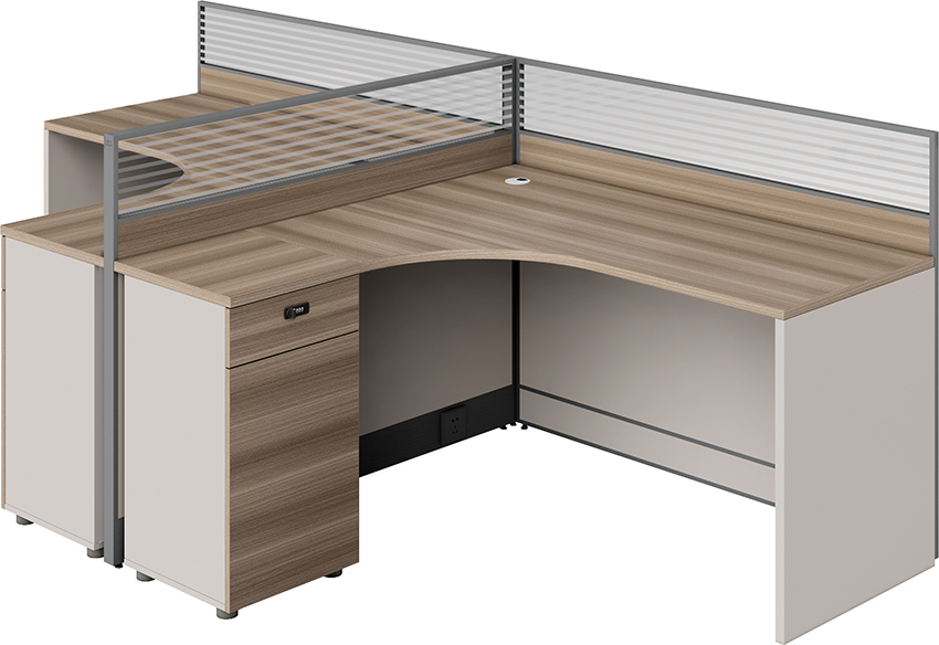 Two-Person L-Shaped Panel Workstation with Integrated Pedestals and Screens