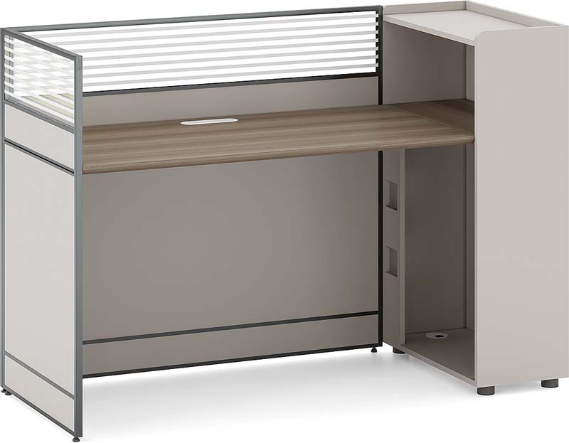 L-Shaped Reception Desk with Privacy Screen and Right Equipment Tower