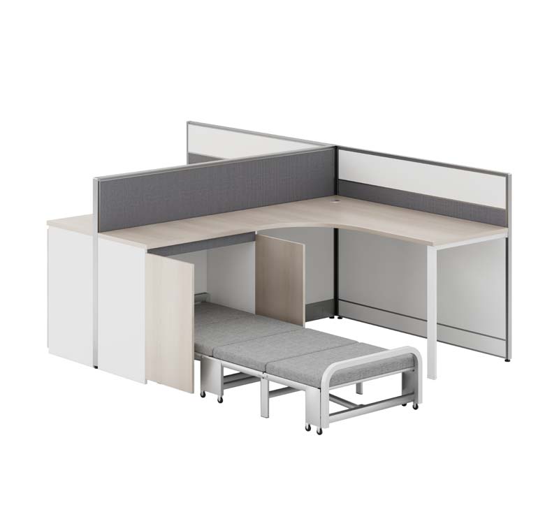 L-Shaped Single Workstation with Privacy Screens and Foldaway Rollaway Bed