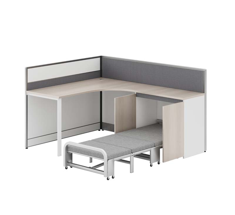 L-Shaped Cubicle Workstation with Integrated Pull-Out Folding Guest Bed