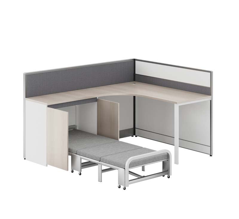 L-Shaped Single Cubicle Workstation with Integrated Pull-Out Folding Nap Bed