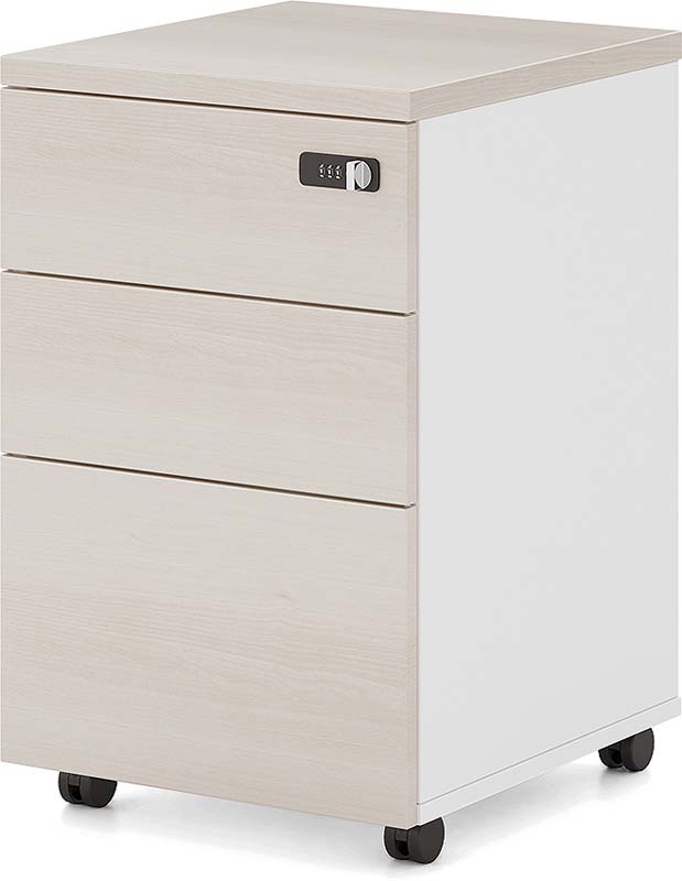 Light Oak and White Mobile Three-Drawer Locking Pedestal Filing Cabinet