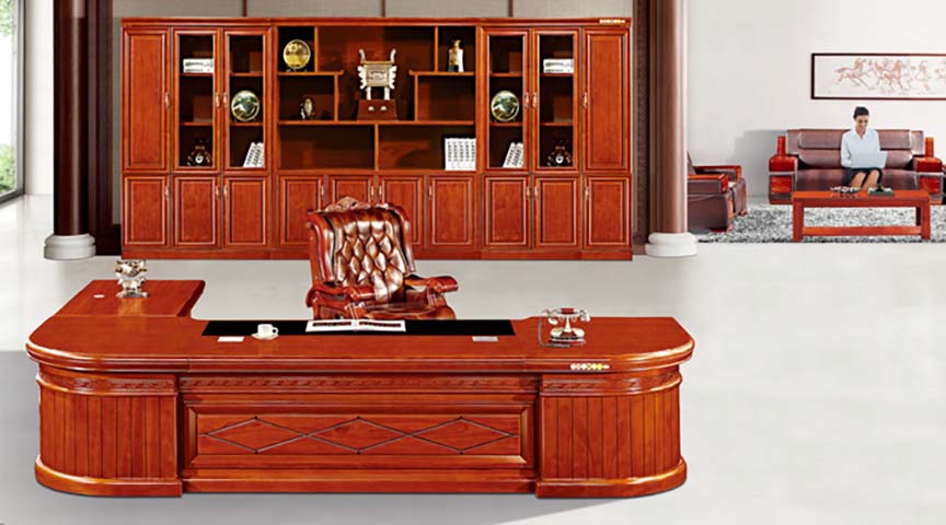 Traditional Cherry-Red Veneer L-Shaped Executive Desk with Wall Storage Cabinet