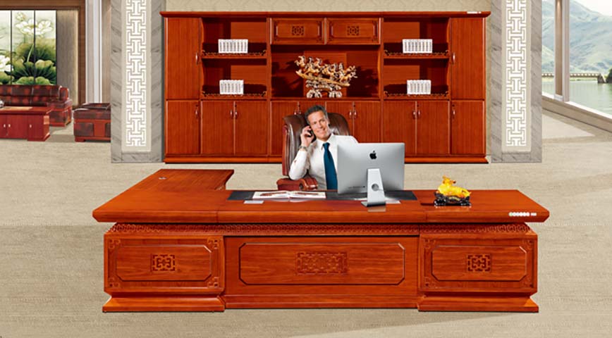 Traditional L-Shaped Executive Desk with Matching Wall Storage Cabinet