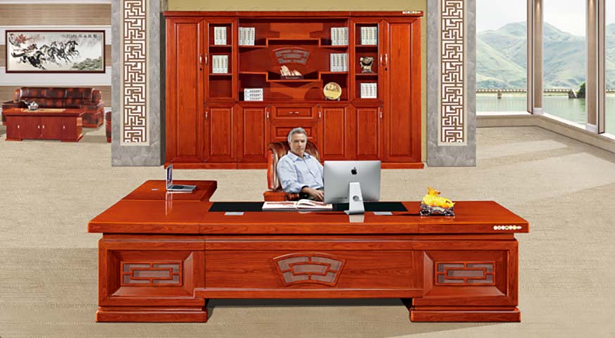 Red-Brown Wood Veneer L-Shaped Executive Desk with Matching Wall Cabinet