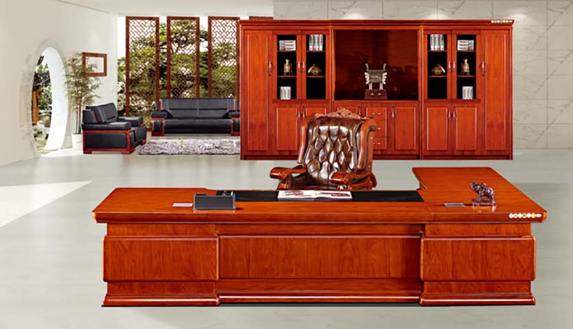 L-Shaped Glossy Red-Brown Wood-Veneer Executive Desk