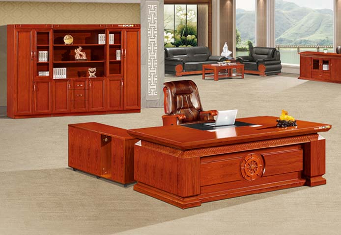 Red-Brown Wood Veneer Executive Desk with Left Return Pedestal