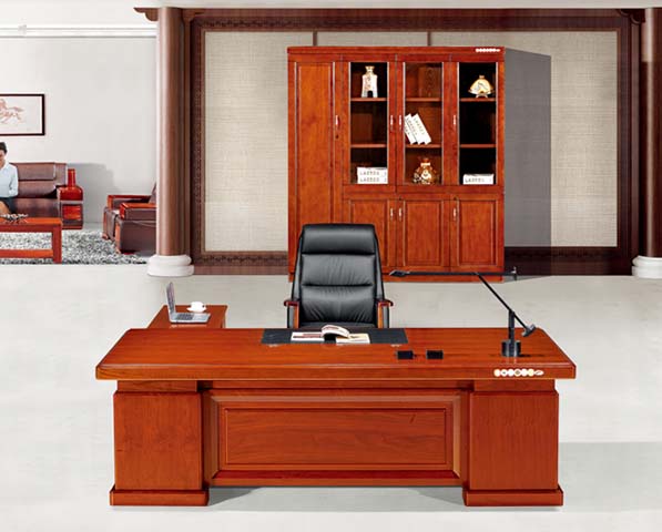 Red-Brown Wood-Veneer L-Shaped Executive Office Desk with Pedestals