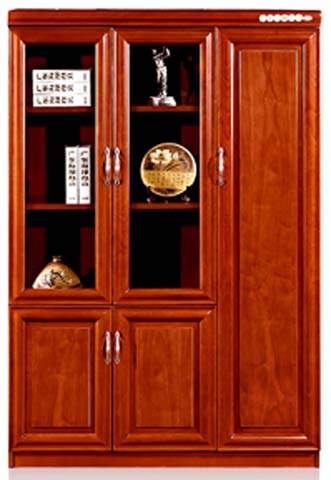 Traditional Red Brown Wood Office Bookcase with Glass Display Doors