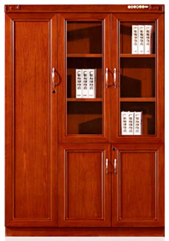 Red-brown Locking Wooden Office Bookcase with Glass Upper Doors