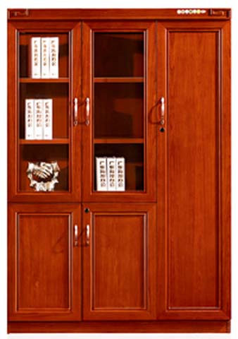 3-Door Reddish Brown Wooden Office File Bookcase with Glass Upper Doors and Locks