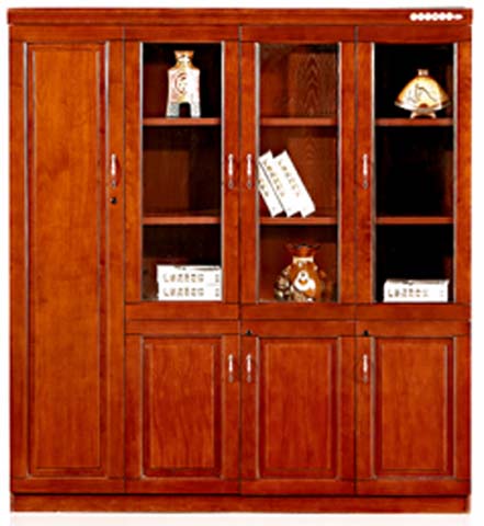 Traditional Wood Veneer Office Bookcase with Glass Display Doors and Solid Storage Doors