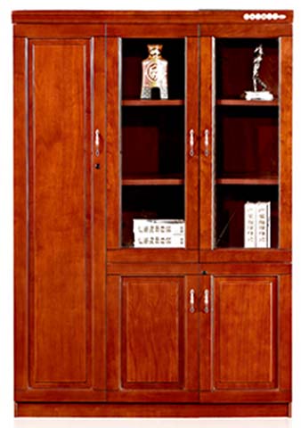 Red Walnut 3-Section Lockable Office Wooden Bookcase Filing Cabinet
