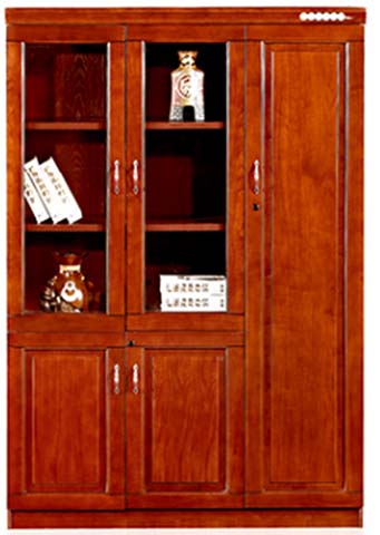 Three-Column Reddish Brown Lockable Wooden Office Bookcase with Tempered Glass Upper Doors