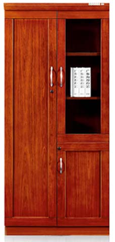 Red Brown Wood Veneer 3-Door Lockable Office Storage Cabinet with Glass Display Section