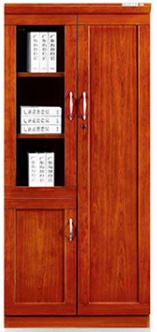 Wood Veneer 2-Door File Cabinet with Glass Display Section