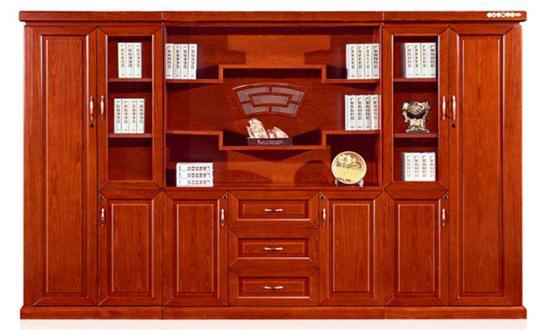 Traditional Solid Wood Veneer Executive Office Bookcase with Glass Display Cabinets, Solid Wood Doors and Center Drawers