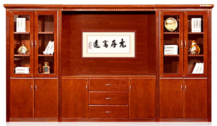 Red-brown Solid Wood Veneer Executive Office Bookcase Wall Unit