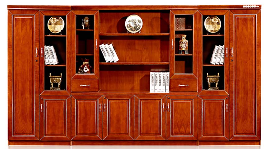 Traditional Solid Wood Veneer Executive Office Bookcase with Glass Doors and Drawers