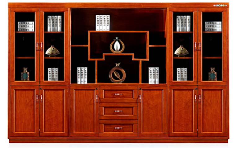Traditional Red-Brown Solid Wood Executive Office Bookcase with Glass Doors and Central Drawers