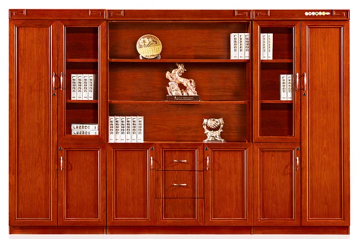 Symmetrical Mahogany Veneer Executive Office Bookcase with Central Drawers