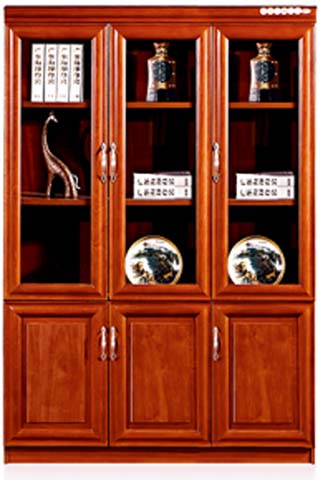 Three-Section Wooden Office Bookcase with Glass Upper Doors