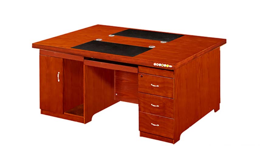 Double-Sided Two-Person Reddish-Brown Wood Office Desk with Pedestal Storage and Keyboard Tray