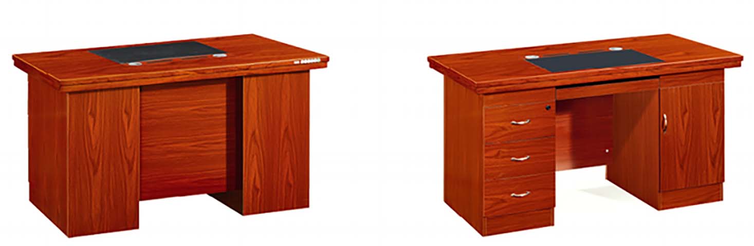 Double-Pedestal Red Wood Veneer Executive Office Desk with Writing Pad