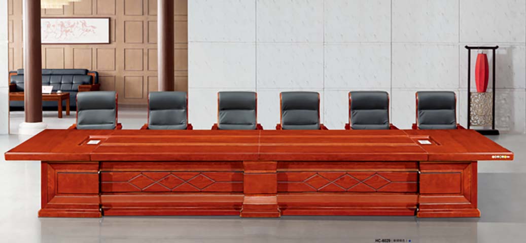12-Person Traditional Mahogany Veneer Boardroom Conference Table with Cable Ports