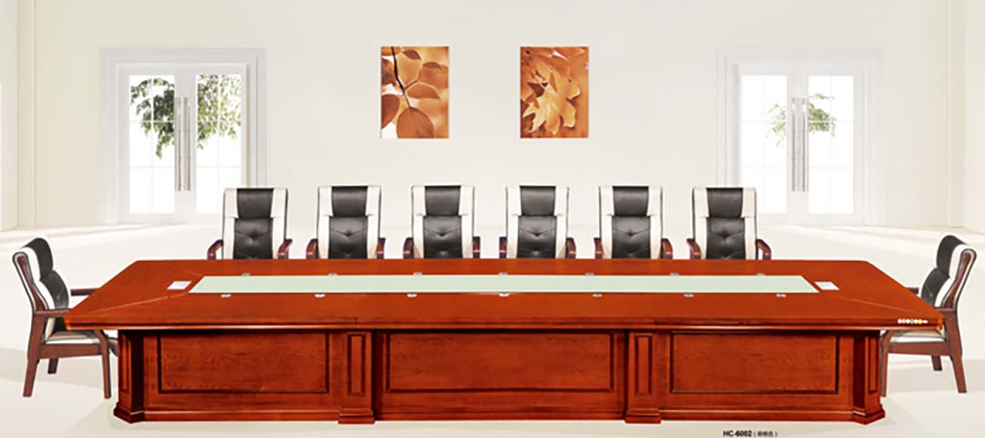 Traditional Red-Brown Wood Veneer Boat-Shaped Boardroom Conference Table with Central Cable Management