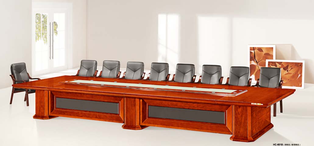 Large Rectangular Wood Veneer Conference Table with Central Cable Management