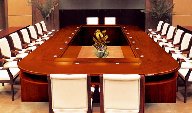 High-Gloss Cherry Veneer U-Shaped Boardroom Conference Table with Raised Dais and Cable Grommets