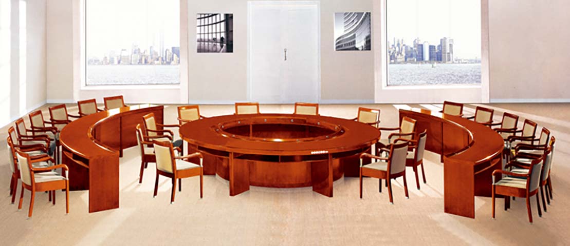 26-Person U-Surround Modular Round Cherry Veneer Conference Table Set