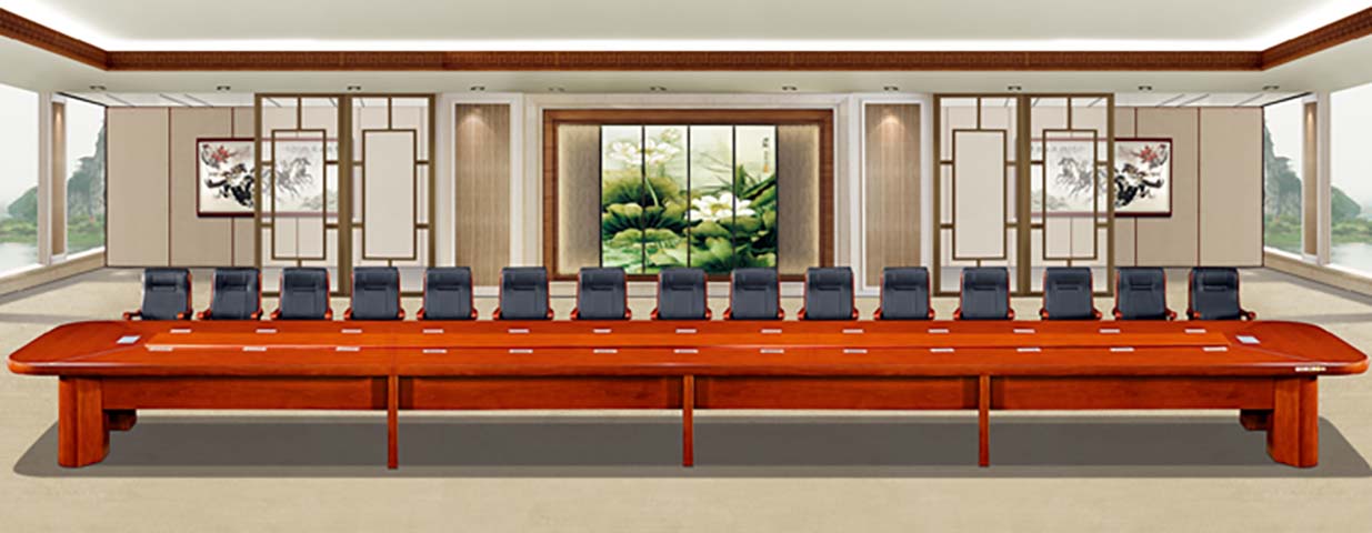 Traditional 14-Person Boat-Shaped Veneer Boardroom Conference Table with Integrated Cable Ports