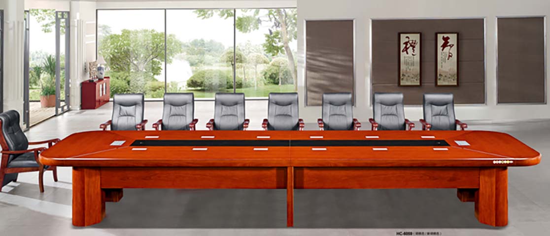 Large Wooden Veneer Boat-Shaped Conference Table with Integrated Cable Management