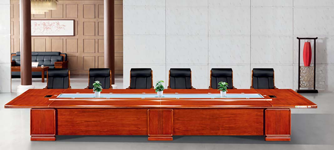 Reddish-Brown Wood Veneer Large Boardroom Conference Table with Central AV Cable Channel