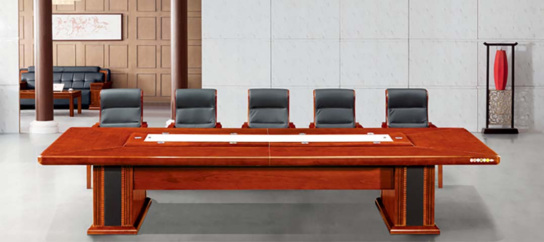 Traditional Red-Brown Veneer Boardroom Conference Table with Central Cable Management