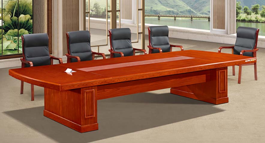 Red-Brown Wood Veneer Boat-Shaped Double-Pedestal Conference Table for 12 People