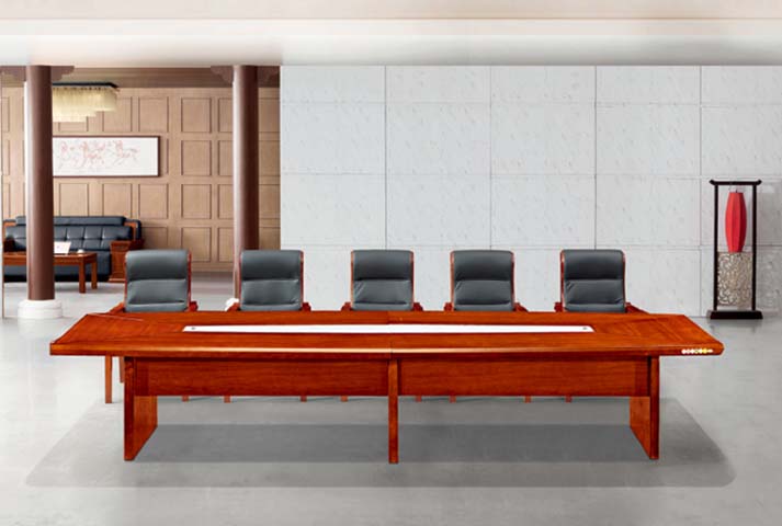 Red-Brown Wood Veneer Large Rectangular Boardroom Conference Table with Central Cable Management