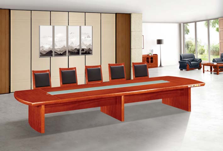 Red-brown veneer boat-shaped 14-seat conference table with central cable management