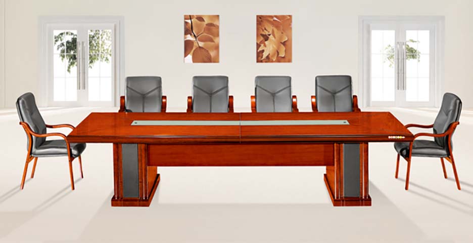 High-Gloss Cherry Veneer Dual-Pedestal Rectangular Conference Table