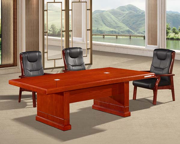 Traditional Red Wood Veneer Double Pedestal Rectangular Conference Table with Cable Grommets